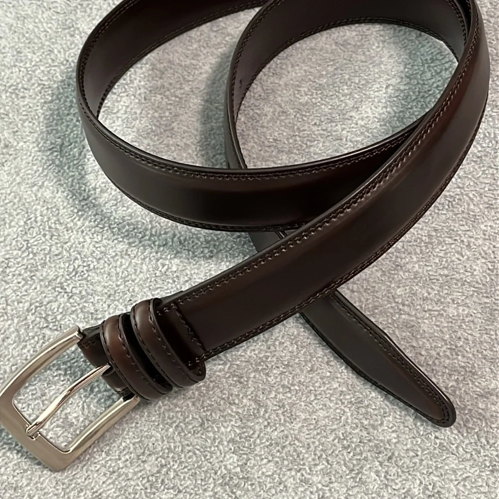 Mens Brown Leather Belt Size 38 Silver Tone Metal Buckle